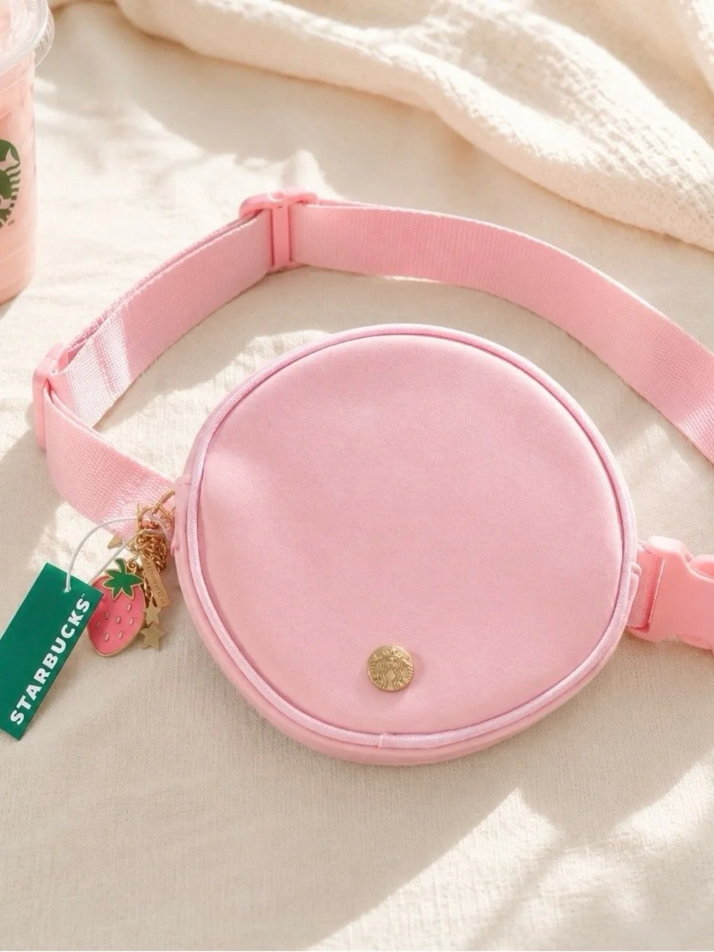 Starbucks Pink Round Crossbody Belt Bag with Strawberry Charm